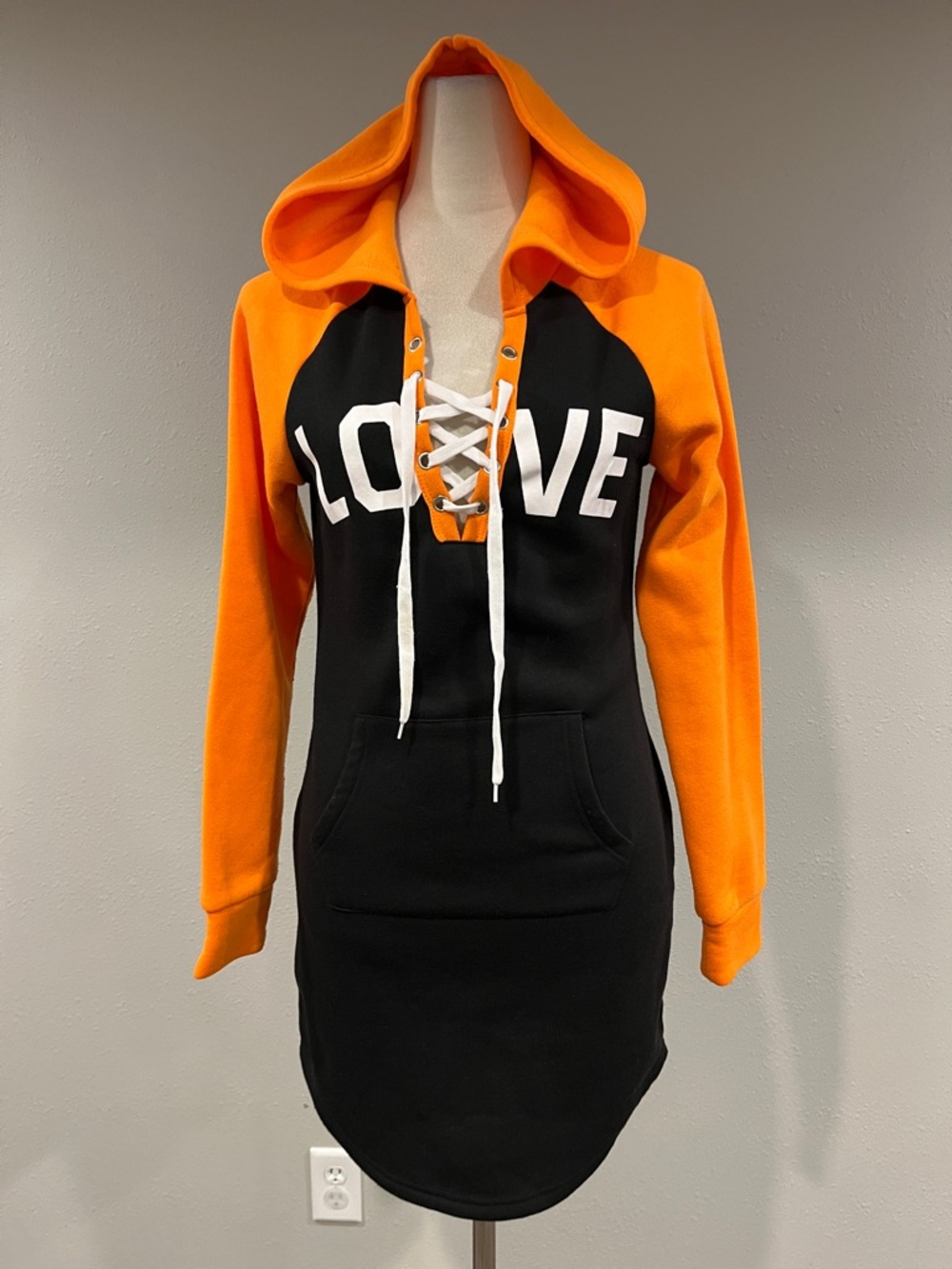 Orange & Black‎ Lace-Up Hooded Sweatshirt Dress